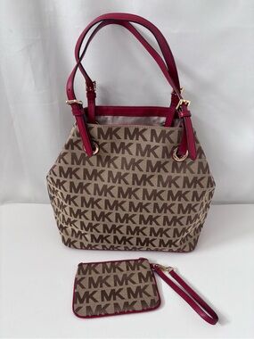 Michael Kors Jet Set Item Grab Bag MK Signature Jacquard Tote & Pouch Berry Red